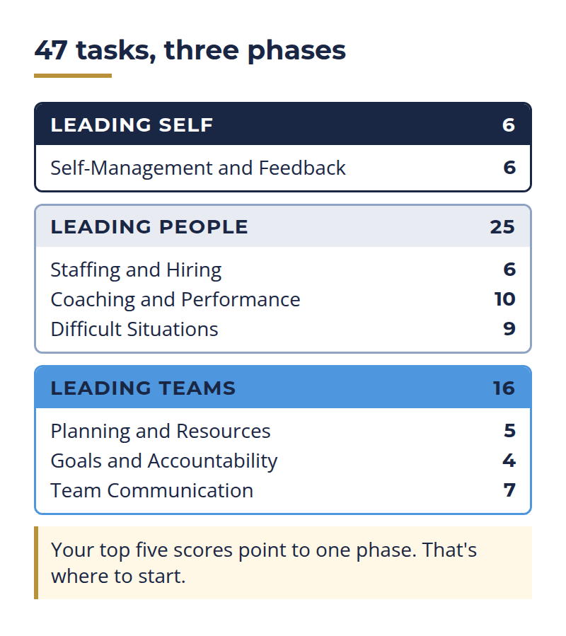 management development needs assessment: 47 tasks in seven categories across Leading Self, Leading People and Leading Teams