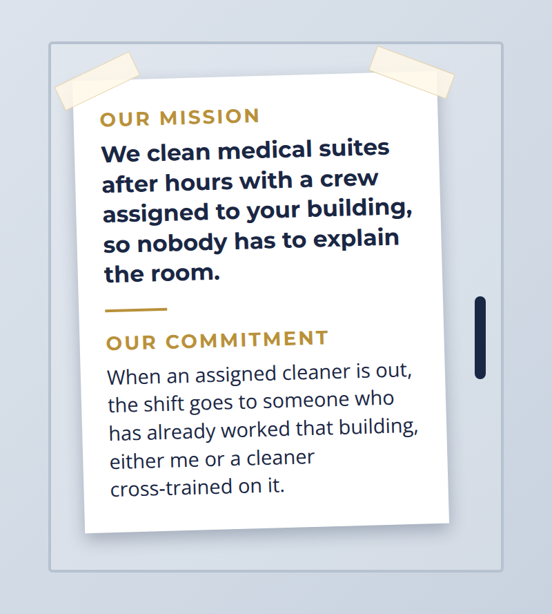 Mission Statement and Commitment Line | Leadership-Tools mission statement with the commitment line posted underneath it inside a supply cupboard door