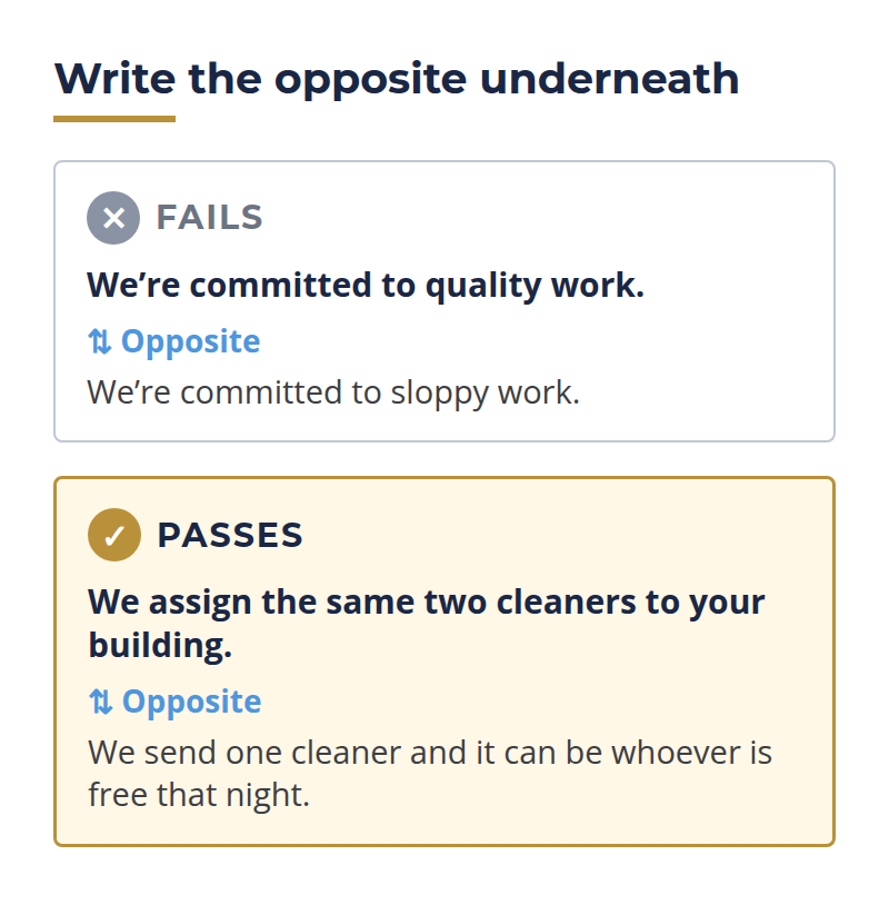 The Opposite Test | Leadership-Tools mission statement opposite test showing a failing sentence and a passing sentence