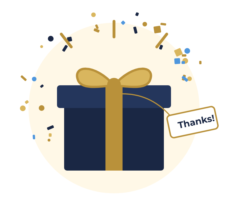 employee recognition gift wrapped in navy with a gold bow and a thank-you tag