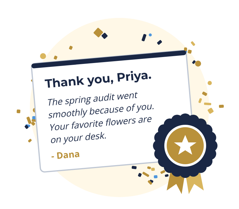 employee recognition thank-you note from a manager with a gold star award ribbon