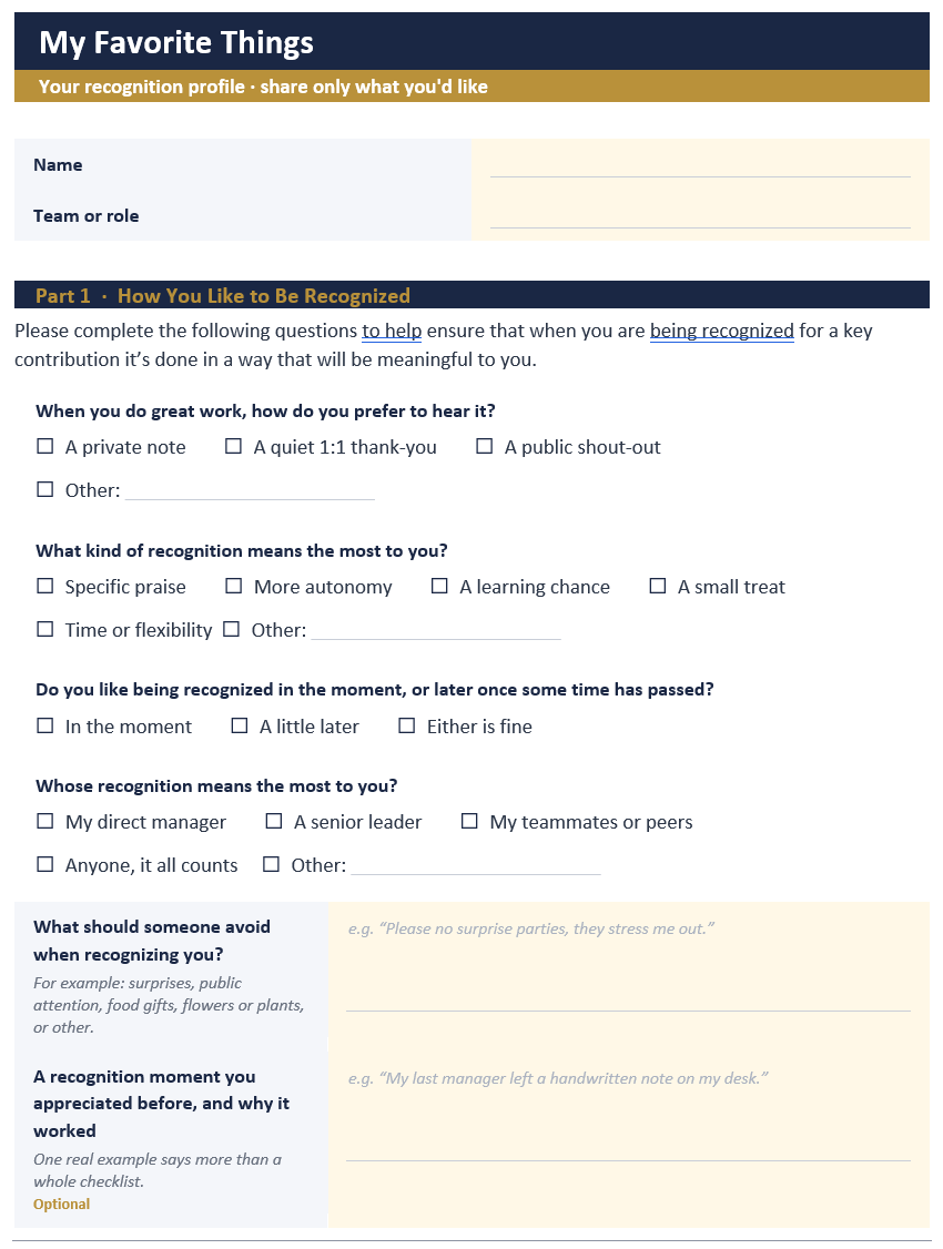 Employee favorite things template page 1: recognition preference questions covering how, what kind, when, and whose recognition means most