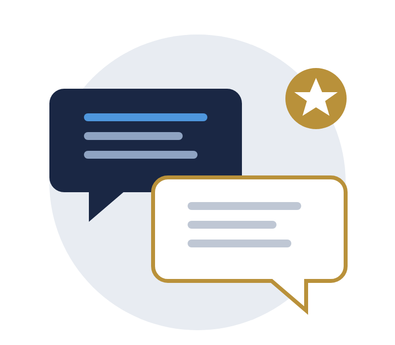 A Review Is a Conversation | Leadership-Tools performance appraisal conversation illustration: two speech bubbles and a gold star