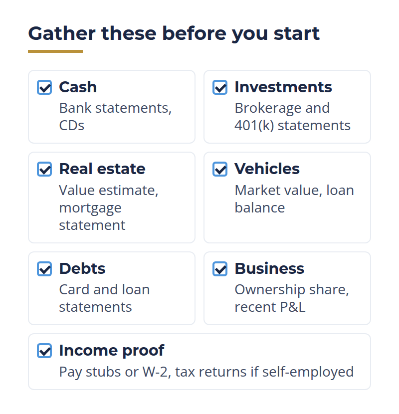 Gather These Before You Start | Leadership-Tools personal financial statement documents checklist: cash, investments, real estate, vehicles, debts, business and income proof