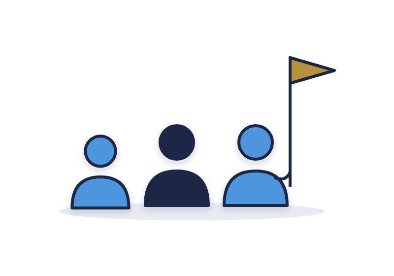 three team members, one of them holding a gold flag to lead an initiative
