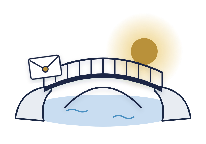 resignation letter template illustration: a sealed letter at the start of a bridge, for leaving without burning bridges