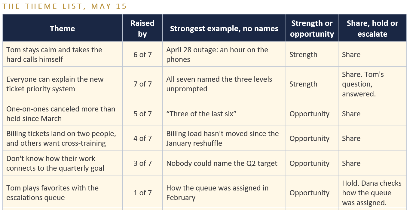 skip-level theme list example: six themes from seven interviews with how many raised each one, the example, and share or hold