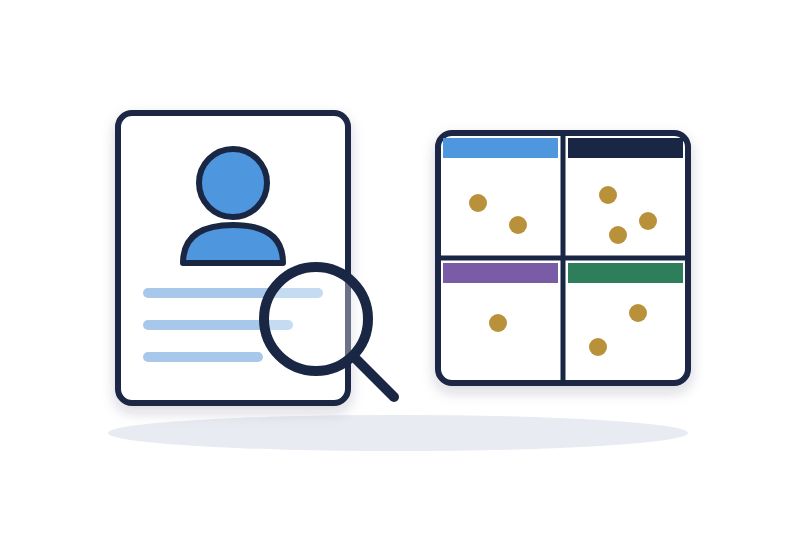 Individual Depth and Team Breadth | Leadership-Tools a magnifier over one team member profile beside a four-quadrant grid of the whole team