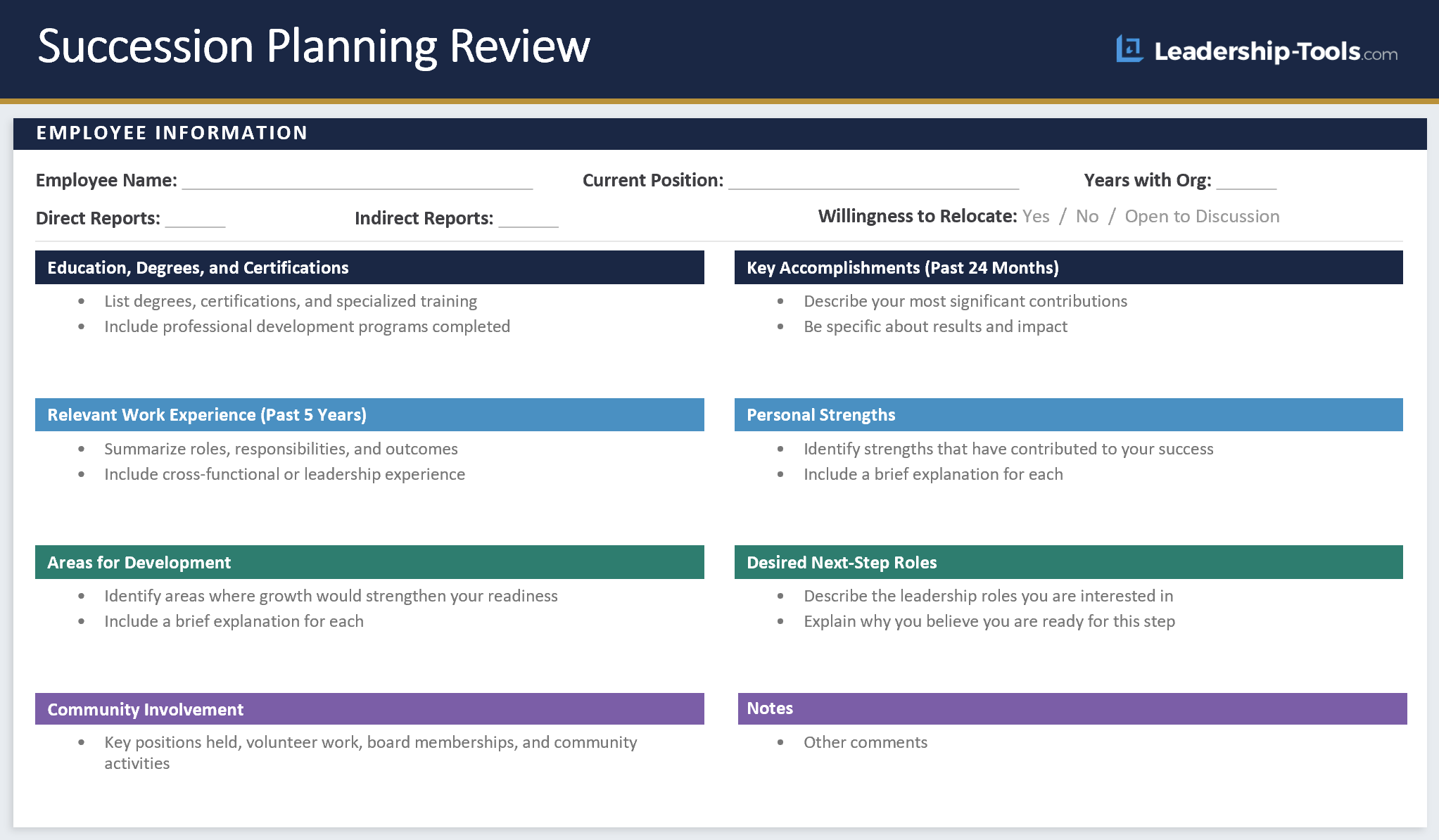 Succession Planning Review template showing employee information, accomplishments, experience, strengths, development areas, and desired next-step roles
