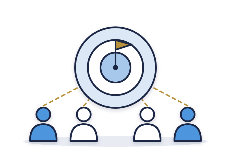 group goal setting: four team members linked to one shared target with a flag in the center
