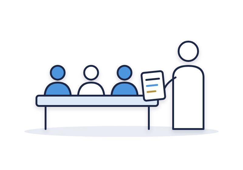 a leader standing with a one-page plan, presenting a team goal to the team seated at a table