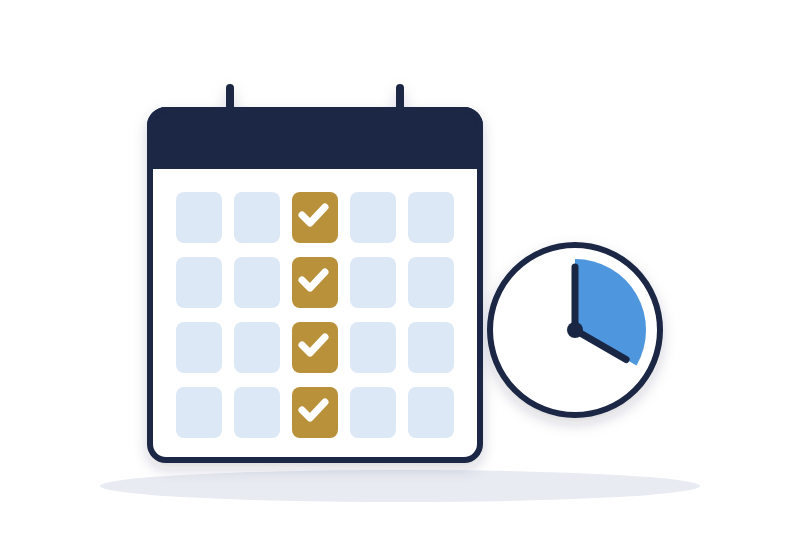 a calendar with the same day checked off each week beside a clock showing a short meeting