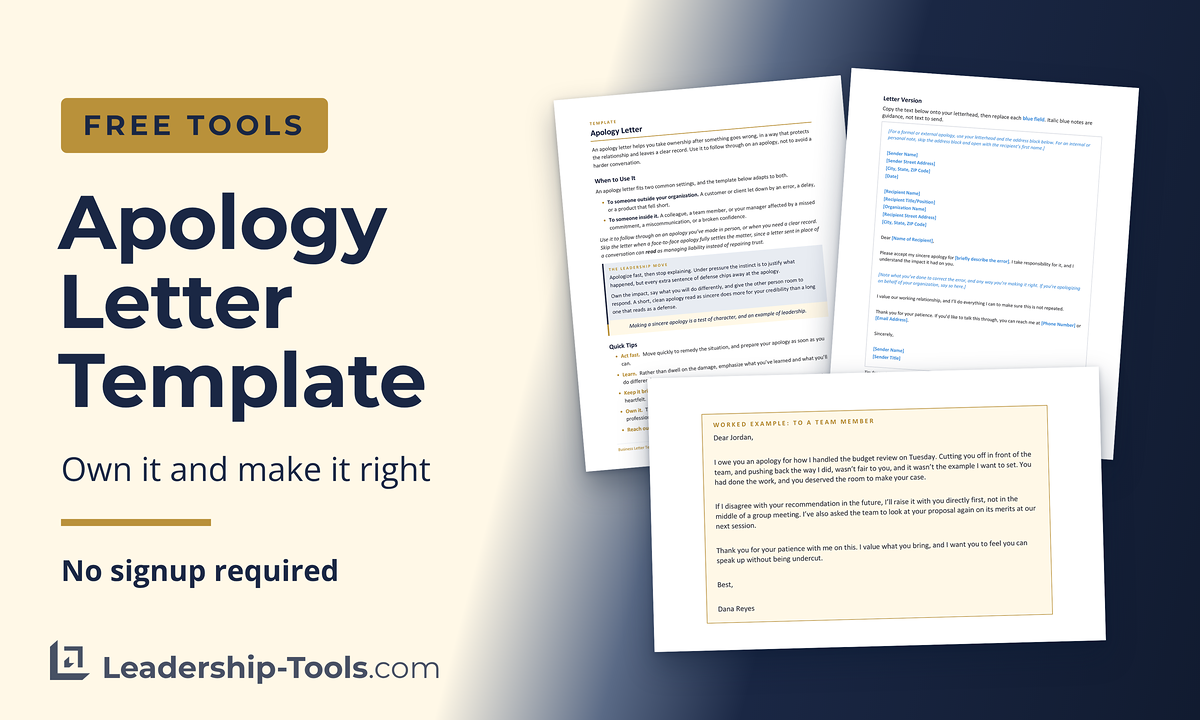 free apology letter template with the letter version and a completed apology to a team member