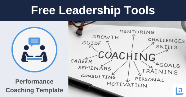 Free Leadership Tools – Coaching Action Plan Template with two-person coaching conversation icon and notebook showing coaching themes including growth, mentoring, goals, and training