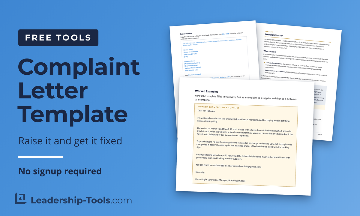 free complaint letter template with the letter version and a completed complaint to a supplier