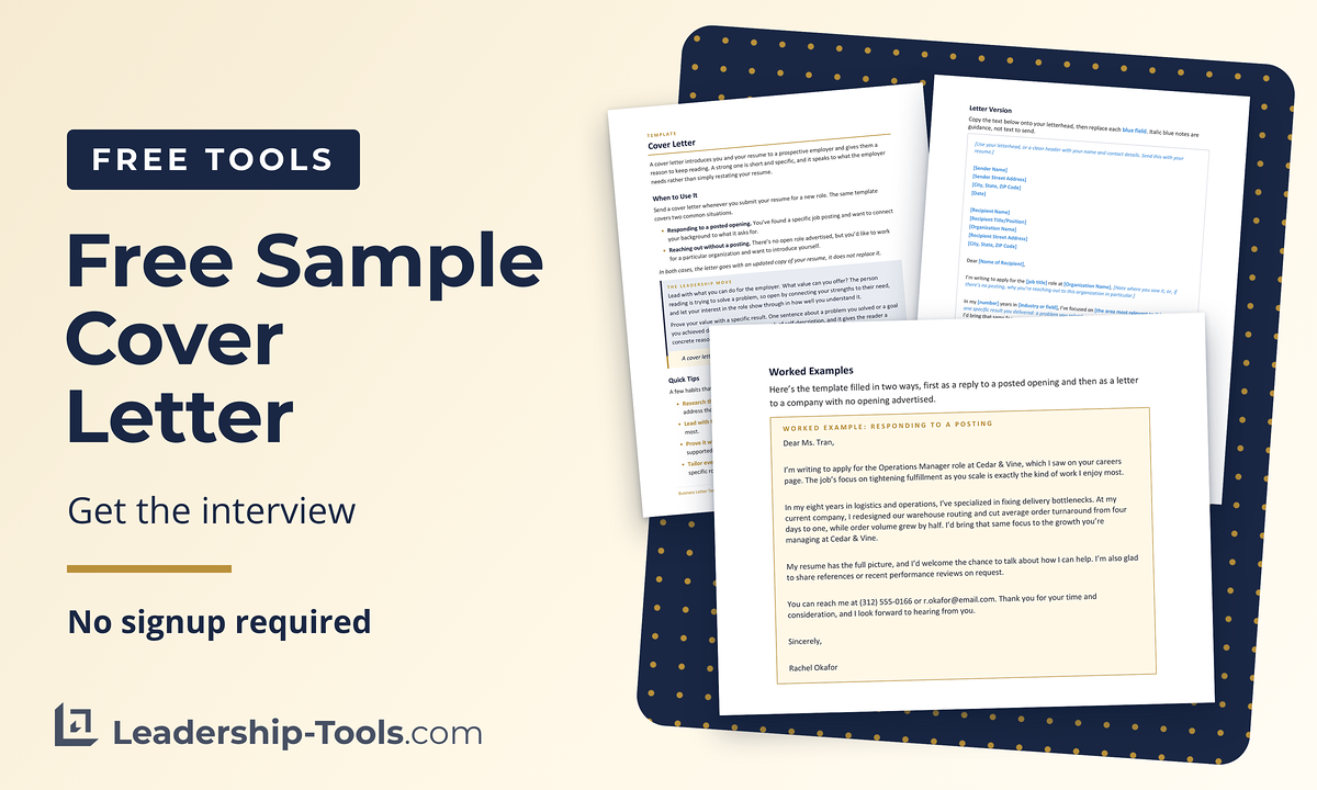 Free Tool: Free Sample Cover Letter | Leadership-Tools free sample cover letter template with the letter version and a completed reply to a job posting