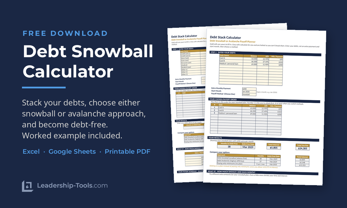 free debt snowball calculator template in Excel with completed payoff example