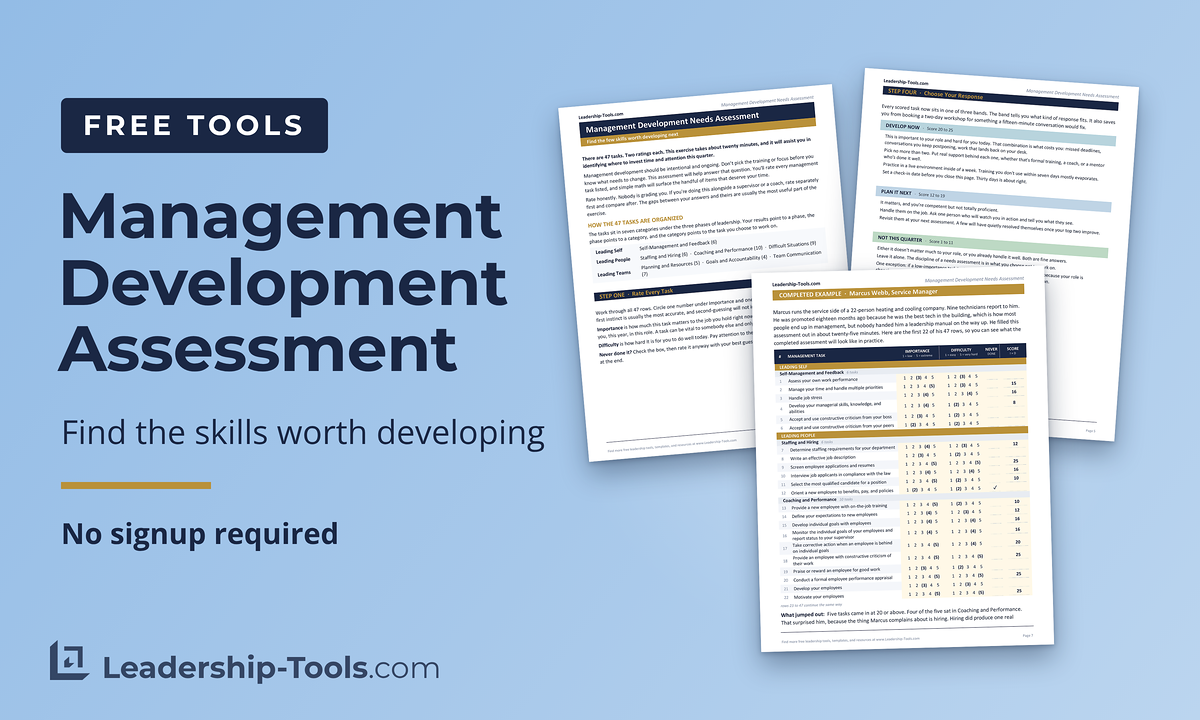 free management development needs assessment with the scoring bands and a completed manager example