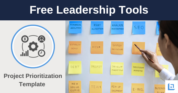Free Leadership Tools – Project Prioritization Template with sticky note planning board and priority framework icon