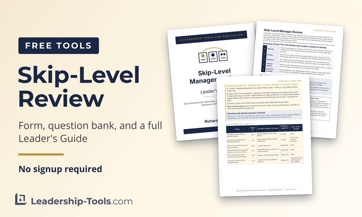 skip-level review form and Leader's Guide pages fanned out, with the Theme List in front
