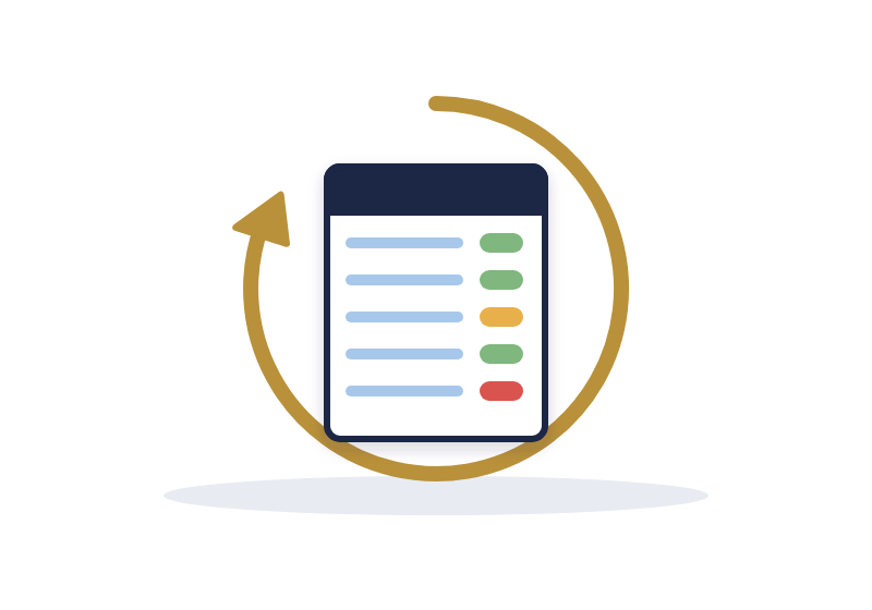 a project tracker with color-coded status badges inside a circular refresh arrow