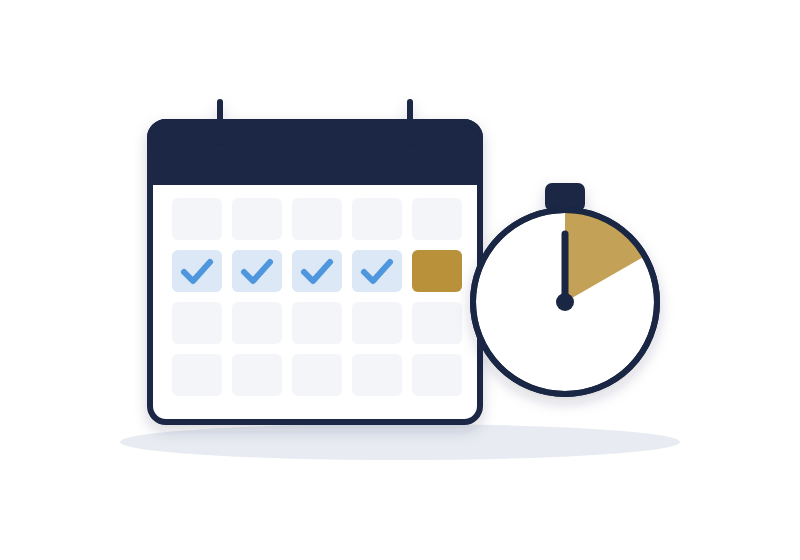 a calendar with the week checked off beside a stopwatch showing a short review