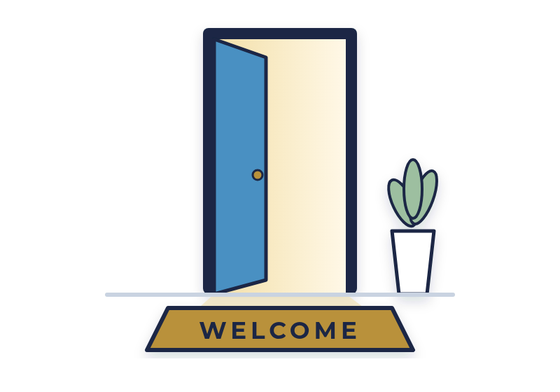 welcome letter template illustration: an open door with warm light and a welcome mat