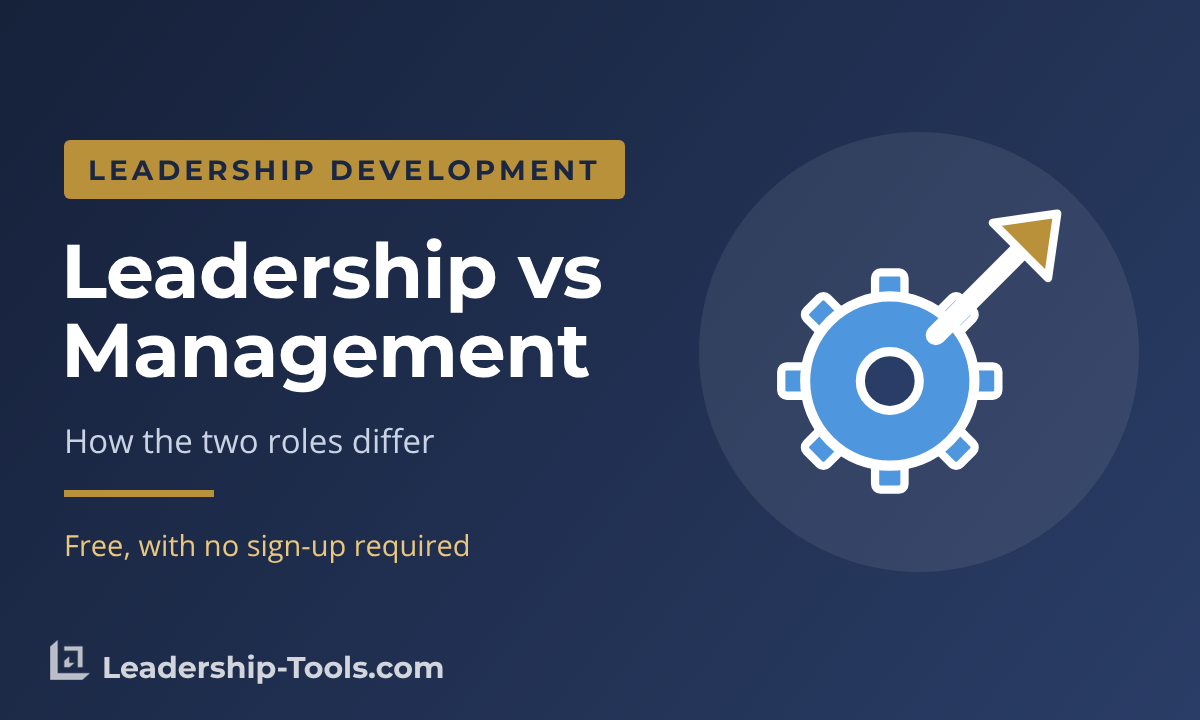 Leadership vs Management | Leadership-Tools leadership vs management hero: a gear with an arrow heading up and out