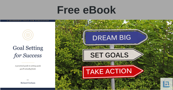 Promotional banner advertising the free eBook Goal Setting for Success, A practical guide to setting goals you'll finish, by Richard Gorham of Leadership-Tools.com. Three directional signs against a green tree backdrop read Dream Big, Set Goals, and Take Action, alongside the book's cover treatment.