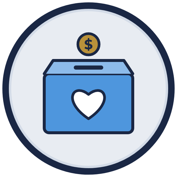 donation letter template icon: a donation box with a coin dropping in