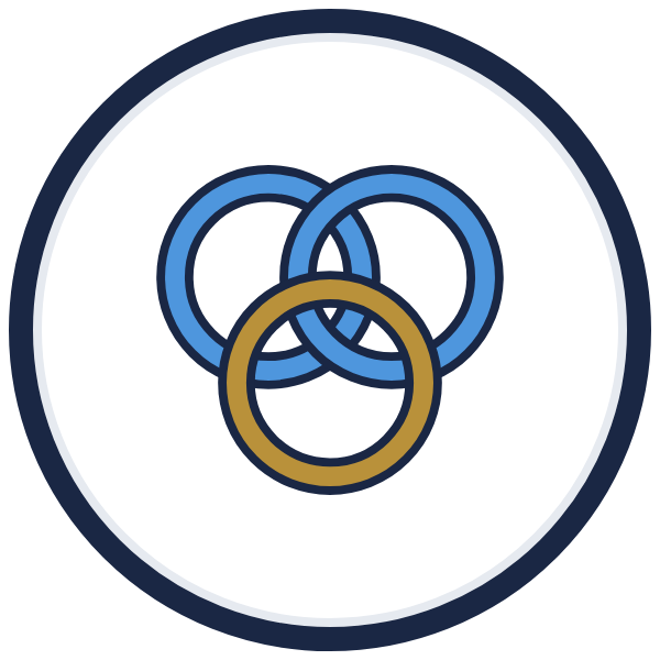 team building articles icon: three linked rings, one gold
