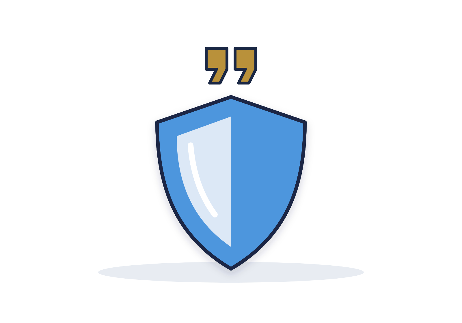 Blue shield under gold quotation marks