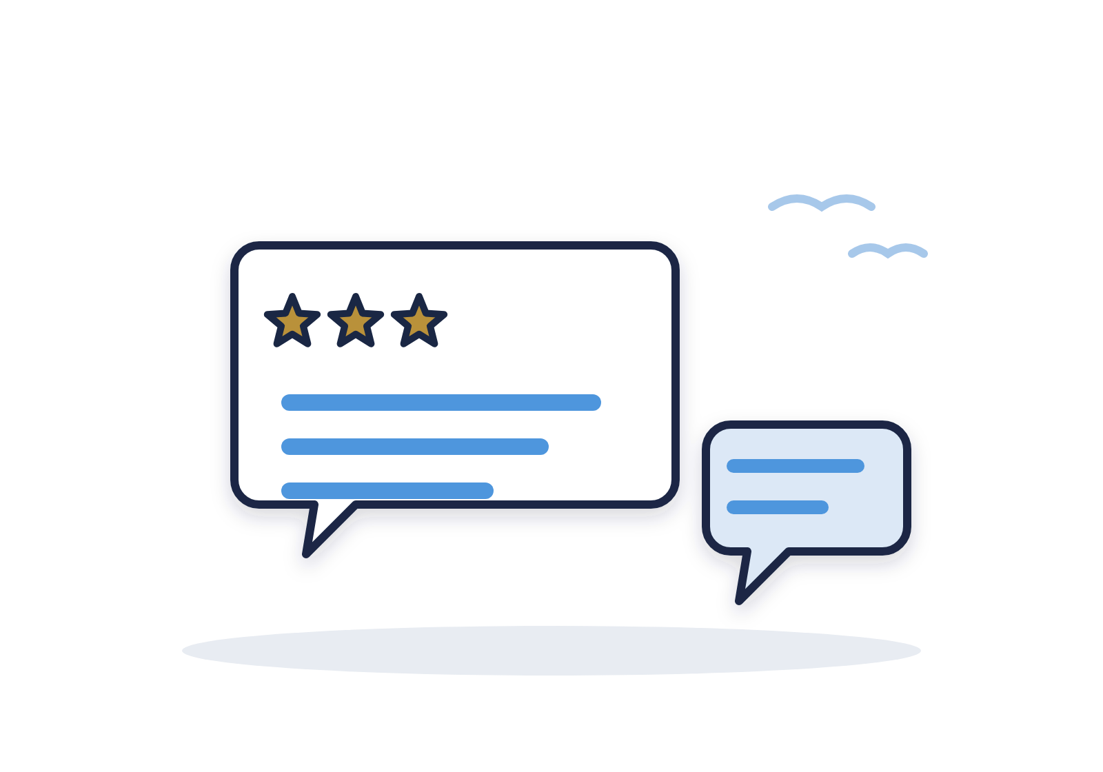 Customer Reviews | Leadership-Tools two speech bubbles, the larger one topped with three gold stars