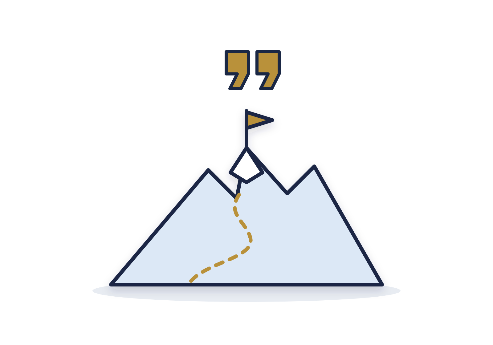 Mountain with a dotted gold trail up to a flag on the peak, under gold quotation marks