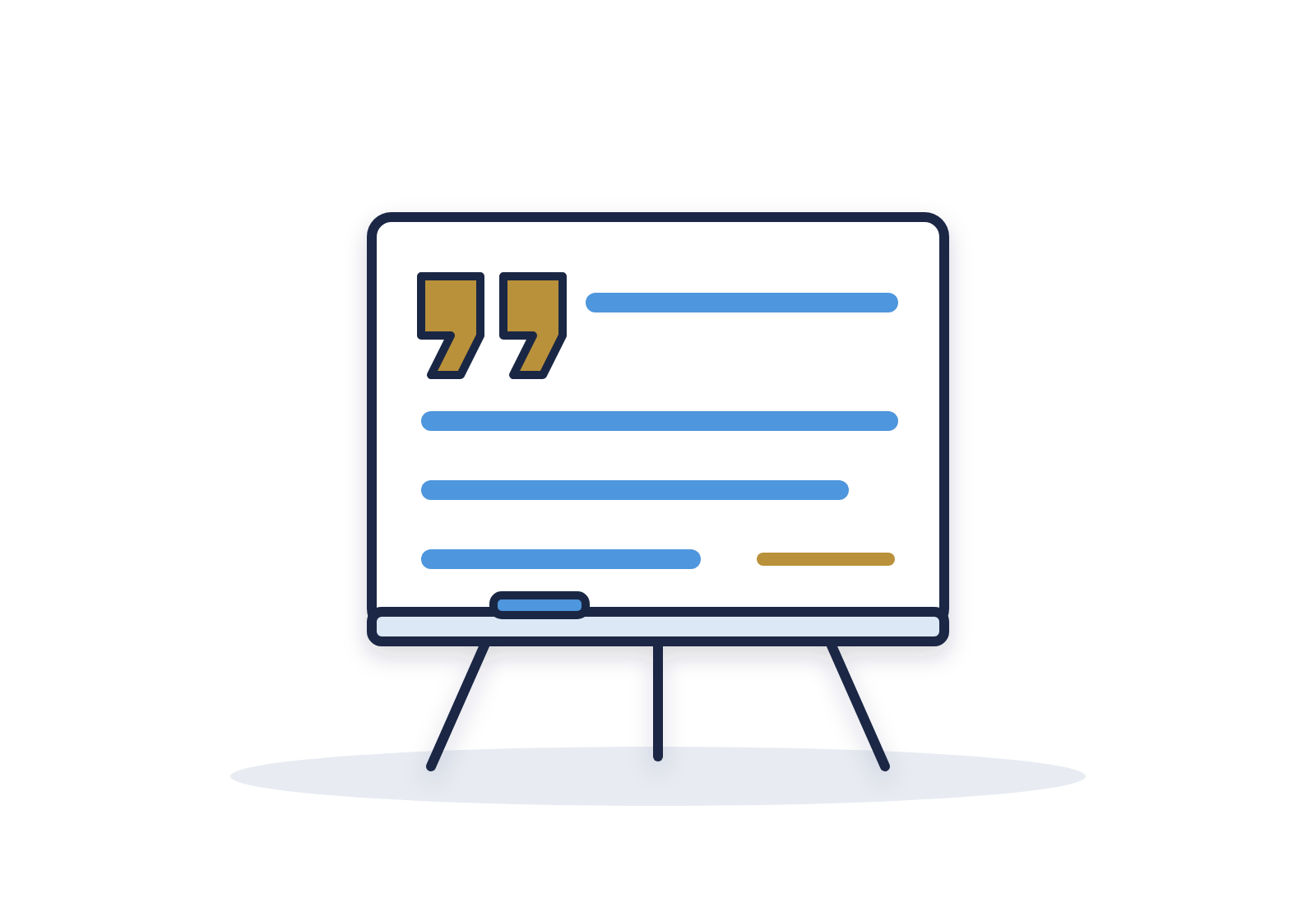Whiteboard on an easel with gold quotation marks and lines of writing