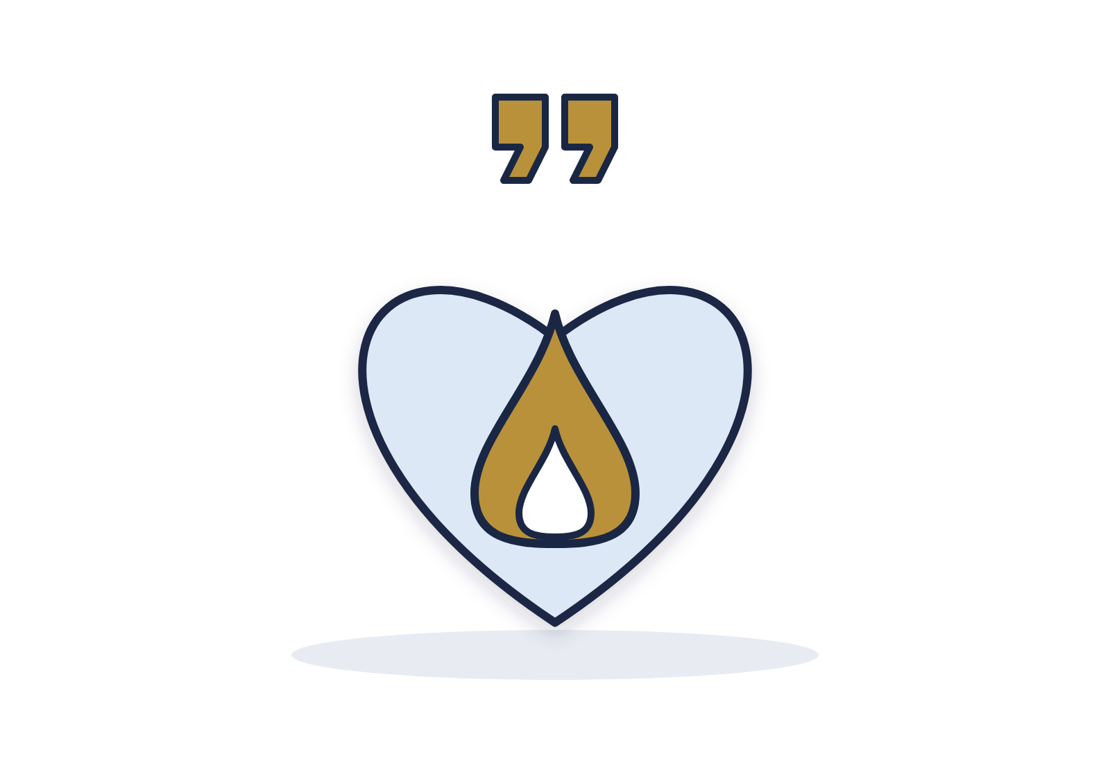 Gold flame inside a heart, under gold quotation marks