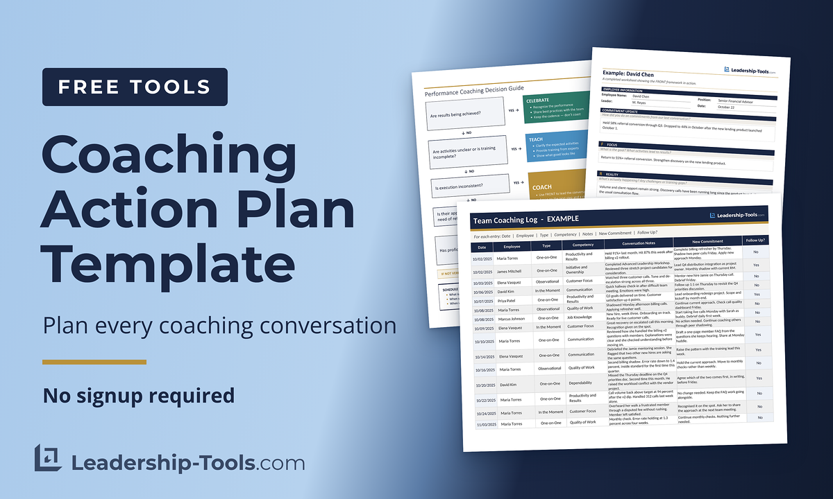 free coaching action plan template with a leader decision guide, conversation worksheet and coaching log