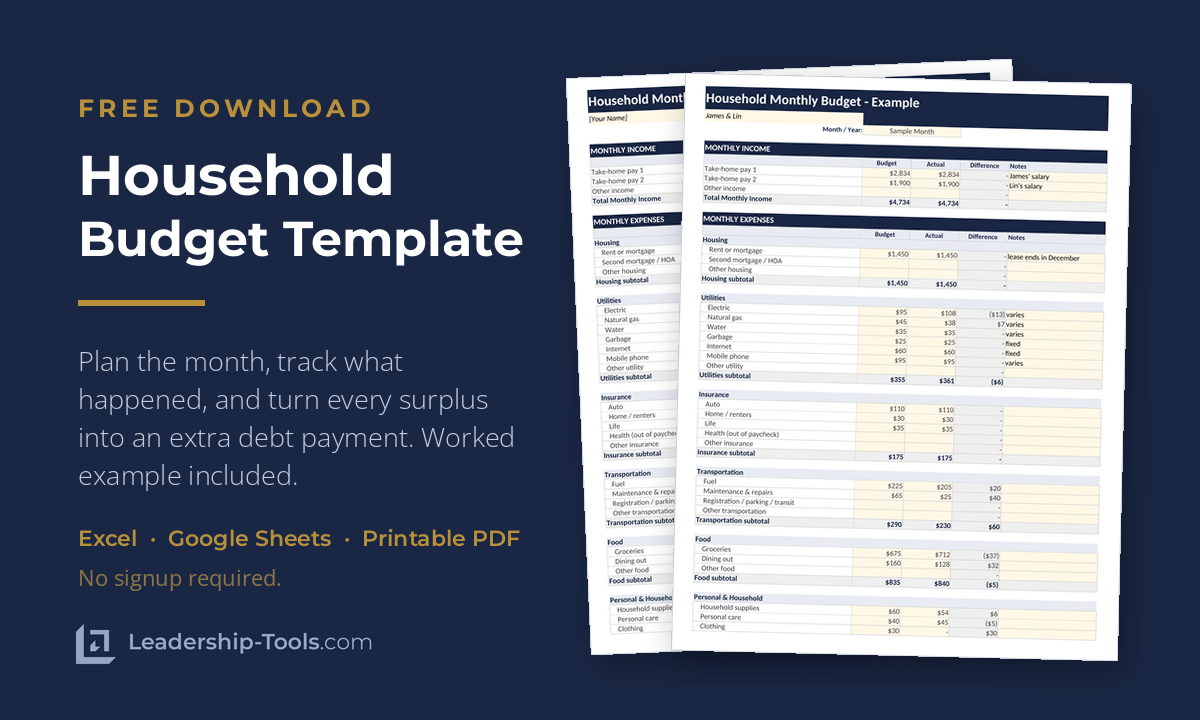 Free household budget template with a blank worksheet and a completed monthly example