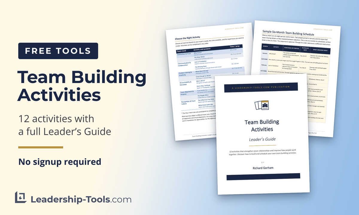 free team building activities leader’s guide: the activity picker, a six-month schedule and the guide cover